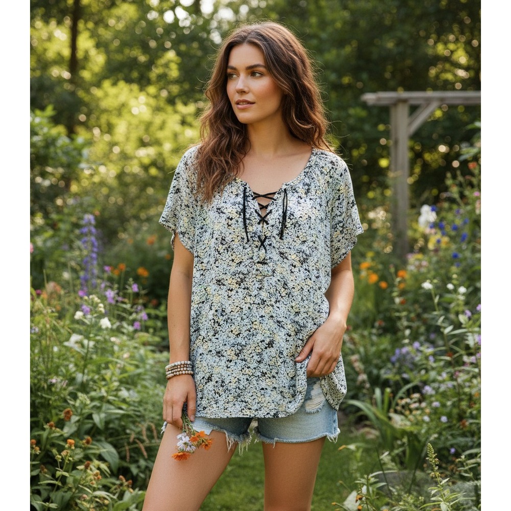 Chaps 1X Top Blouse Blue Green Black Floral Lace Up Cottage Boho Coastal Peasant